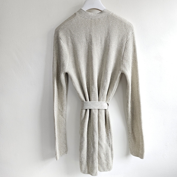 New L’AGENCE Rhea Tie Knit Long Line Metallic Gold Cardigan NWT Size Large - Picture 12 of 15
